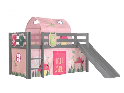 Vipack Lit Enfant Surlev Avec Toboggan Gris + Rideau Et Tunnel De Lit + 3 Pochettes Spring