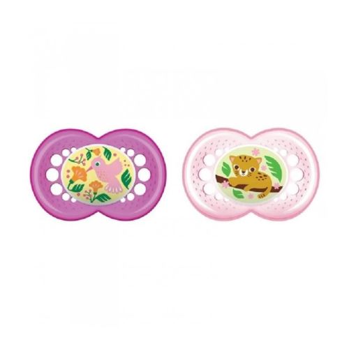 mam sucette décor animaux - a partir de 6 mois - silicone - lot de 2 sucettes en boîte de stérilisation - oiseau / jaguar