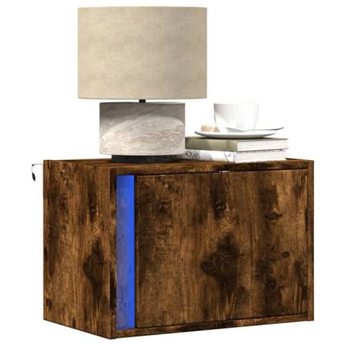 vidaXL Tables de chevet murales avec lumières LED 2 pcs chêne fumé, table de chevet flottante, support de téléphone, table 852098