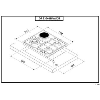 Table 60cm blanche - 3 gaz + 1 electrique - Allumage integre une main - Securite par thermocouple - Grilles fil