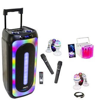 Pack Enceinte portable sur batterie Karaoke USB Bluetooth MS-MAGIC-SOUND1000 TWS 1000W 2 Micros - Effet Derby - 2 Jeux Lumière Astro - 1