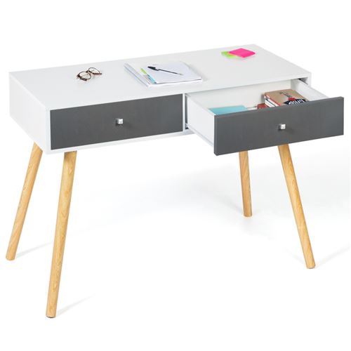 Bureau scandinave bois et blanc 2 tiroirs L140 cm OPUS