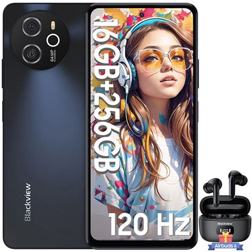 Blackview Shark 8 Téléphone Portable Débloqué 16Go+256Go 6.78 64MP 5000mAh NFC Gris avec Écouteurs Bluetooth Airbuds 8(Noir)