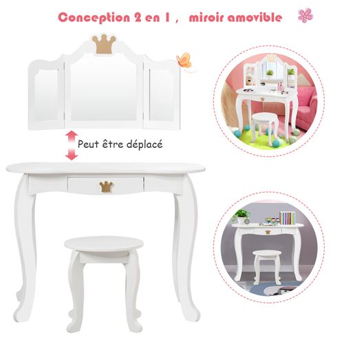 2 en 1 coiffeuse pour enfants avec miroir amovible bureau enfant