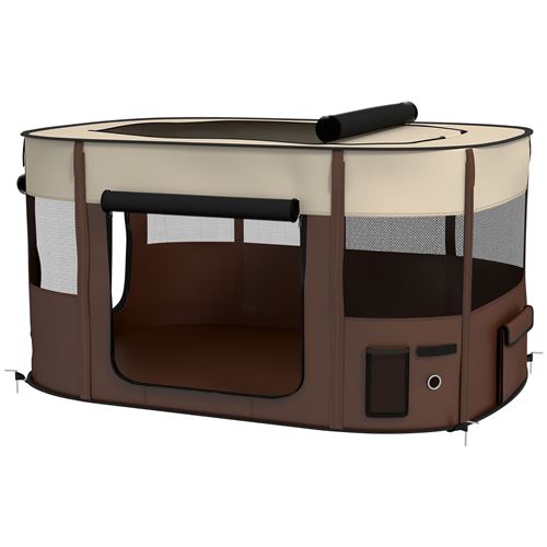 Meilleurs prix pour Parc pour animaux de compagnie - PawHut - pliable avec fenêtres et portes en maille - sac de rangement - en tissu Oxford - marron