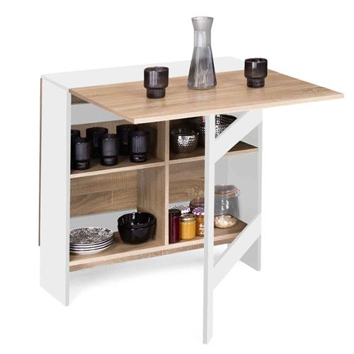 Non Communiqué Blanc Table Console Pliable Edi 2-6 Personnes Avec Rangements Bois Plateau Façon Hêtre 150 X 80 Cm