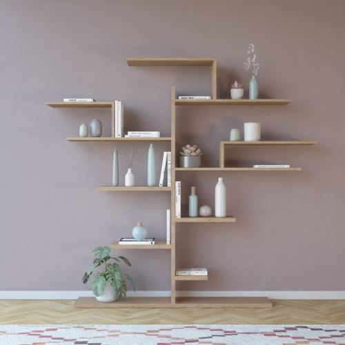 HOMEMANIA Bibliothèque Tree Meuble Murale, Étagère de Rangement - avec Compartiments - pour Séjour, Bureau, Entrée - en Bois Naturel, 175 x 25 x 161 cm