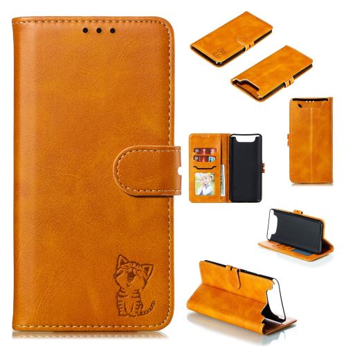 Etui en PU modèle de chat marron pour votre Samsung Galaxy A80/A90