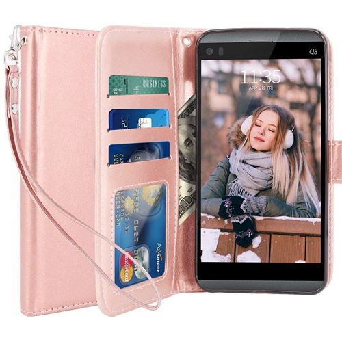 LG Q8 Housse Coque Etui de luxe Portefeuille Porte Carte Et Billet (avec support integré) Rose