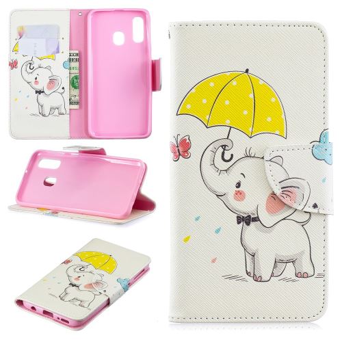 Etui en PU impression de motifs éléphant tenant un parapluie pour votre Samsung Galaxy A40