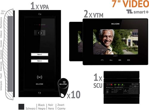 Bellcome Video-Türsprechanlage Kabelgebunden Komplett-Set VKM.P2FR.T7S4.BLB04 2 Familienhaus Schwar