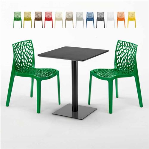 Table carrée 60x60 noire avec 2 chaises colorées Gruvyer Licorice, Couleur: Vert