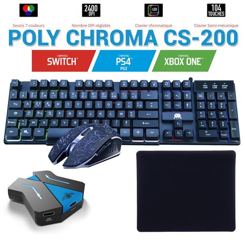 Pack Clavier Souris Tapis Gamer PRO RAPID FIRE + Convertisseur Switch, PS4,  PS3 et Xbox One