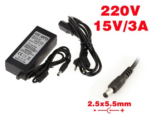 Alimentation externe - 220V vers 15V 3A Embout 2.5x5.5mm