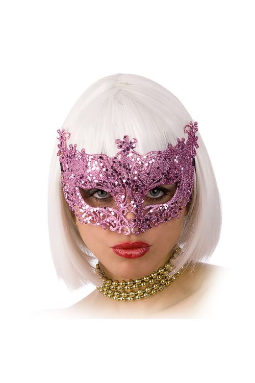 Loup venitien effet dentelle paillete rose