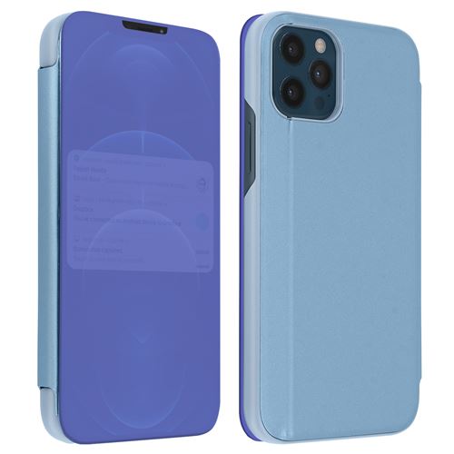 Avizar Housse pour iPhone 12 Pro Max Clapet translucide Design Miroir Support Vidéo Bleu