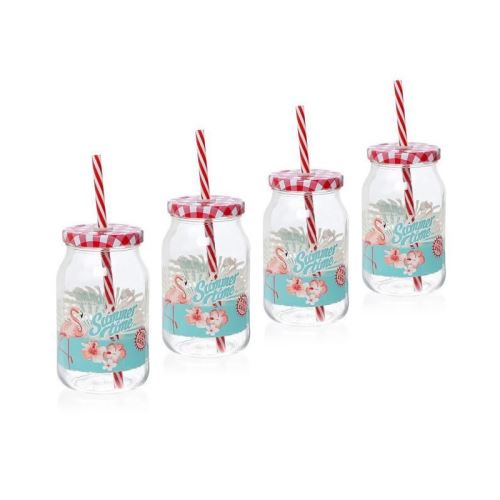 CERVE lot de 4 drinking jars avec paille 45 cl gamme Flamant rose