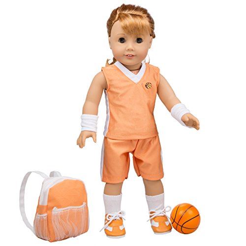 Dolly Basketball Uniform Dress for American Girl and 18 inches Dolls 8pcs Outfit (Includes Jersey Shirt, Shorts, Headband, Hair Tie, Socks, Sneakers, Backpack and Basketball)