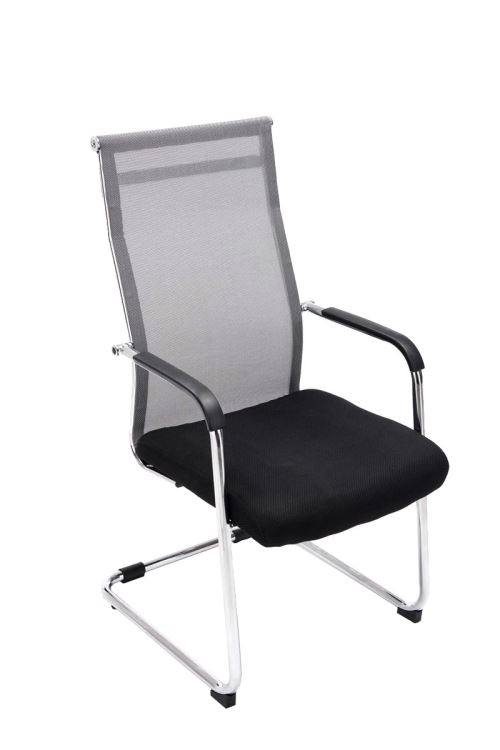 Chaise Brenda avec accoudoirs et dossier en maille - Pieds luge en métal chromé - Siège Gris