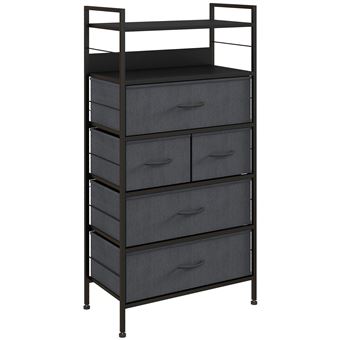 Meuble de rangement commode 5 tiroirs 2 étagères acier MDF non tissé noir - 1