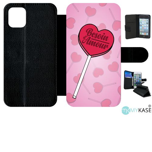 Etui My-Kase pour iPhone 11 - besoin damour fond rose pale - Simili-cuir Noir