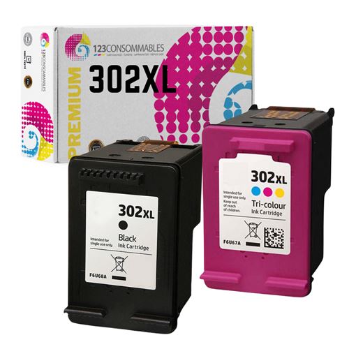 Pack de 2 Cartouches d'Encre Compatible HP 302 XL - Noir & Couleur - Marque 123CONSOMMABLES - Haute Capacité