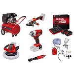 Kit garage et atelier Einhell – Visseuse, meuleuse, polisseuse, compresseur + accessoires et batteries