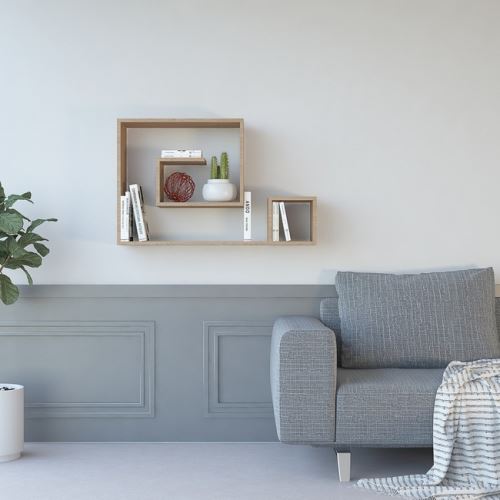 HOMEMANIA Étagère Shell Murale Flottante - pour Livres - avec Compartiments - en Bois Naturel, 90 x 22 x 57 cm