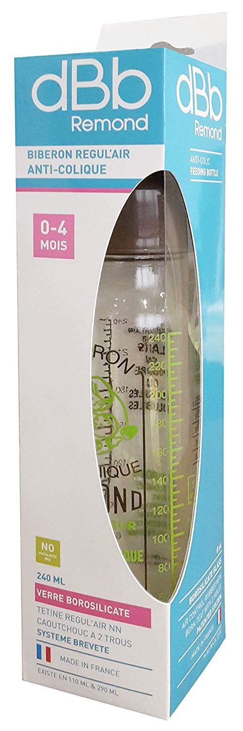 dBb Remond Régul'Air Biberon en Verre avec Tétine NN en Caoutchouc sous Boîte Marron Motif Vintage 240 ml