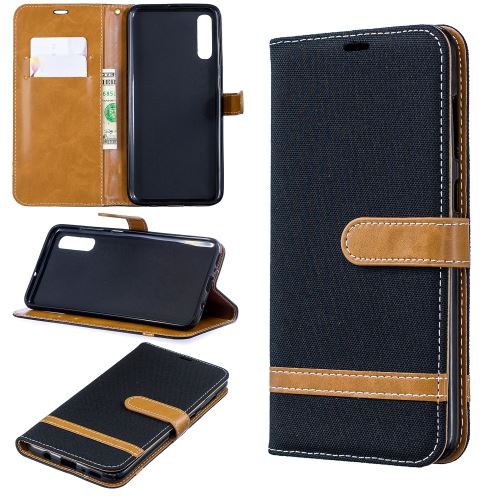 Etui en PU jean bicolore en tissu flip noir pour votre Samsung Galaxy A70