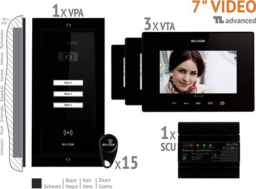 Bellcome Video-Türsprechanlage Kabelgebunden Komplett-Set VKA.P3FR.T7S9.BLB04 3 Familienhaus Schwar