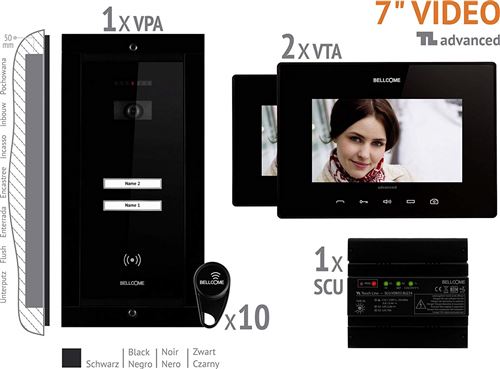 Bellcome Video-Türsprechanlage Kabelgebunden Komplett-Set VKA.P2FR.T7S9.BLB04 2 Familienhaus Schwar