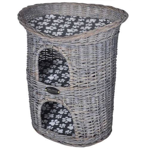 Tidyard Niche pour Chat Lit pour Chat 2 Tiers avec Griffoir & Coussin en Saule Gris 58 x 42 x 62cm