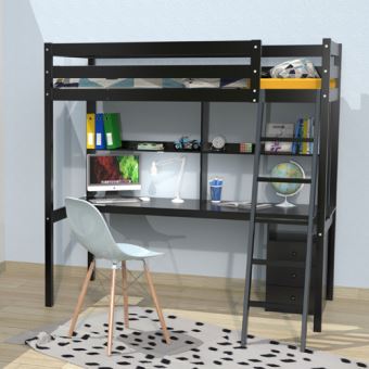 Lit Mezzanine Studio 140x190 1 Sommier Caisson 3 Tiroirs Bureau Etagere Noir Lit Pour Enfant Achat Prix Fnac