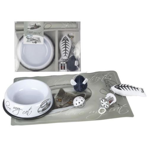 RIGA Coffret I Love My Cat - 1 set de protection 43 x 28 cm - 1 ecuelle - 4 articles pour lexercice et la distraction - Pour cha
