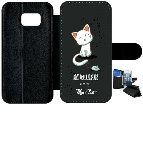 Etui À Rabat Samsung Galaxy S7 Edge En Couple Avec Mon Chat Fond Noir