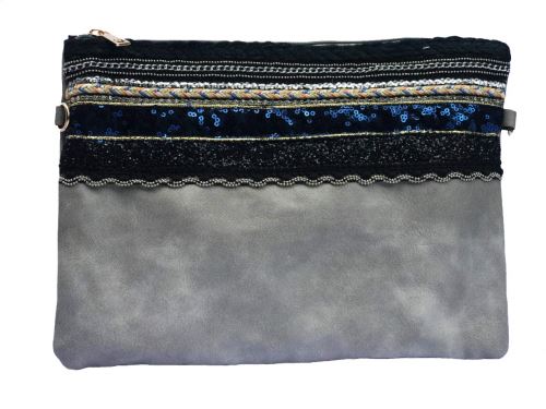 Pochette à Maquillage, Pochette multiusage, Pochette pour Tablette iPad avec bandoulière et décoration fait Main ( gris )