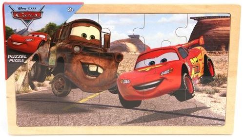 Puzzle en bois avec cadre 15 pieces - cars : depanneuse martin et voiture flash mcqueen - puzzle enfant disney