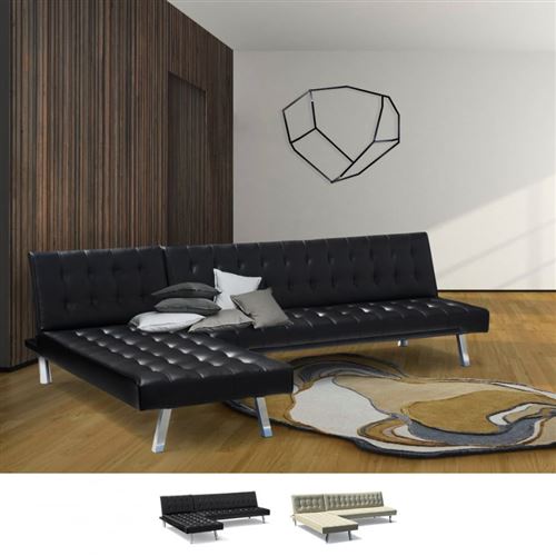Canapé d'angle Clic Clac convertible avec péninsule 3 places faux cuir Zircone, Couleur: Noir