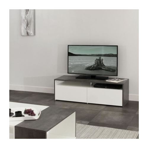 Meuble TV 119 cm - Blanc et décor béton
