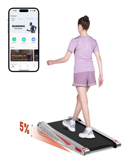 Tapis de course avec inclinaison 5° & APP contrôle BIGZZIA, Tapis Course électrique 1-6 km/h, Support musique Bluetooth, Charge max 120kg