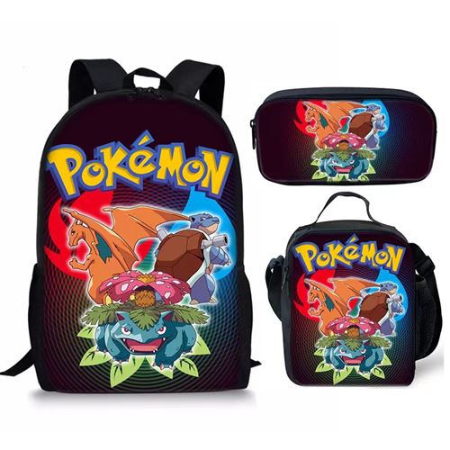 Lot de 3 pièces Sac à Dos, Trousse à crayons, Sac à Bandoulière Pokémon pour Enfants (SD2191) Multicolore