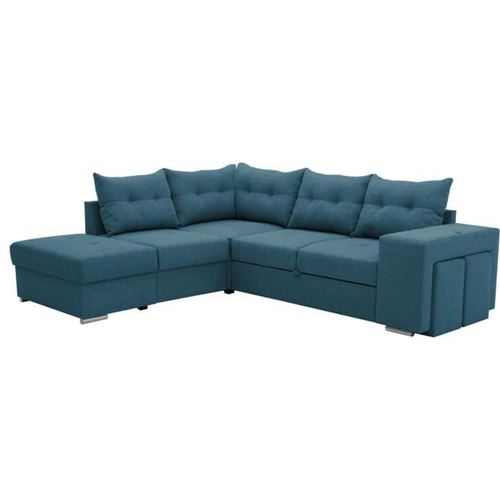 Canape angle convertible reversible 7 places MITCHELL - Coffre, 2 poufs, prise 2 ports USB - Tissu Bleu L 247 x P 205 x H 91 cm