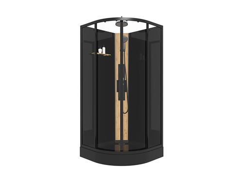 Cabine de douche hydromassante en quart de cercle avec panneau en bambou - Noir - L90 x l90 x H225 cm - TILOMA
