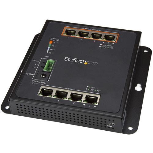 startech 8-port (4x poe +) gbe switch l2 managed switch - wall mount noir