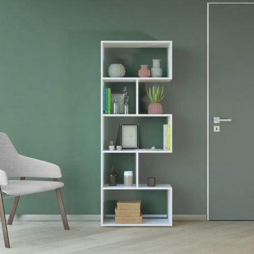 HOMEMANIA Bibliothèque Scale Meuble Murale, Étagère de Rangement - avec Compartiments - pour Séjour, Bureau, Entrée - Blanc en Bois, 62 x 28 x 161 cm