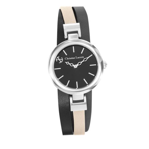Montre Femme Christian Lacroix à Quartz Cadran Noir 32 mm Et Bracelet Beige+Noir En Cuir CLWE56
