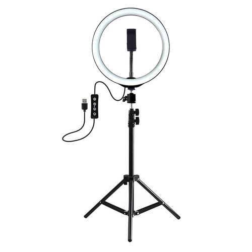 Anneau lumineux 26Cm avec support téléphone portable support trépied USB 3 modes lumière LED - Noir