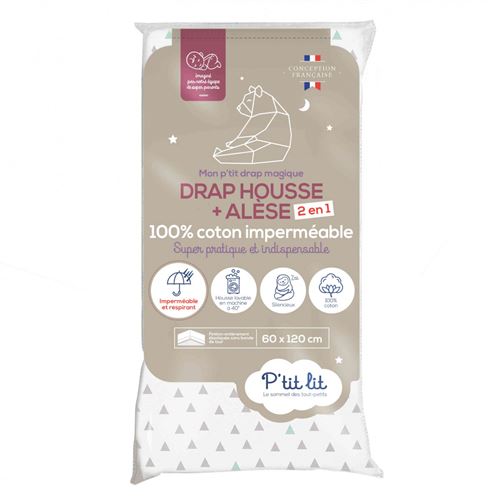 Drap housse bébé alèse 2 en 1 coton imperméable imprimé 60x120 cm