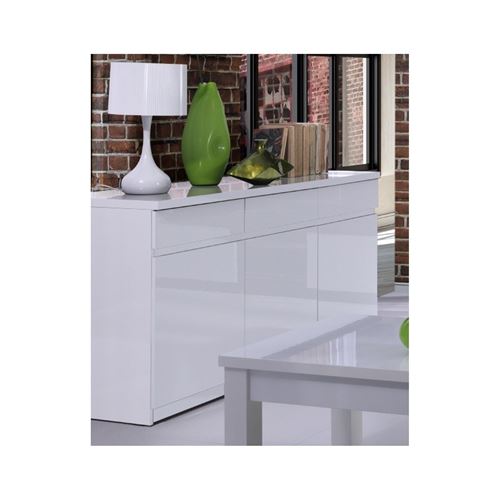 Buffet, bahut, enfilade 3 portes et 3 tiroirs FABIO + Miroir. Coloris blanc brillant. Meuble pour salon salle à manger